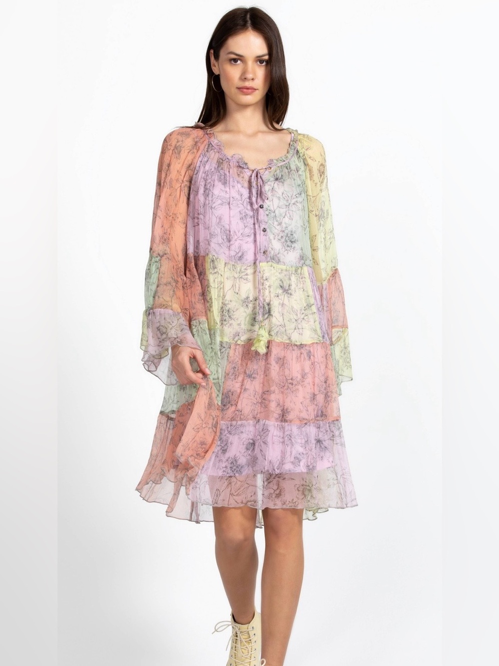 Johnny Was Petunia Mini Dress | 100% Silk | Patchwork | Medium | Slip Included |